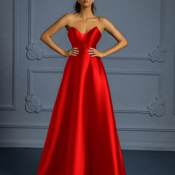 Red Preppy Womens Solid Color Strapless Formal Dress With Thigh-High Slit - Picture 3 of 5